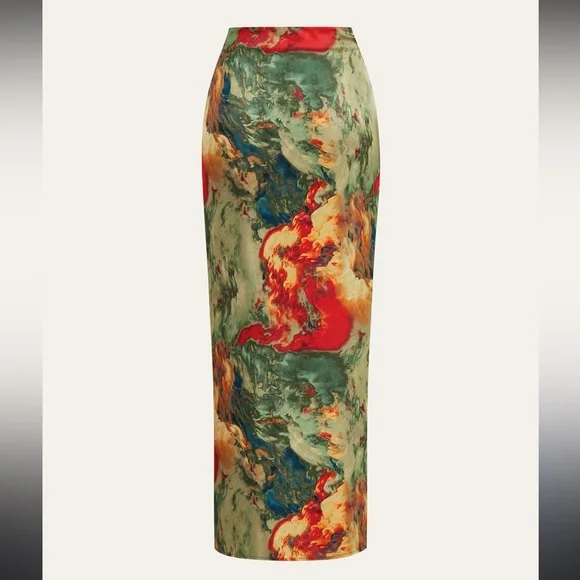 Micas Satin Front Tie Skirt Multicolor Size XS Maxi Abstract Marble Sarong - Picture 3 of 6